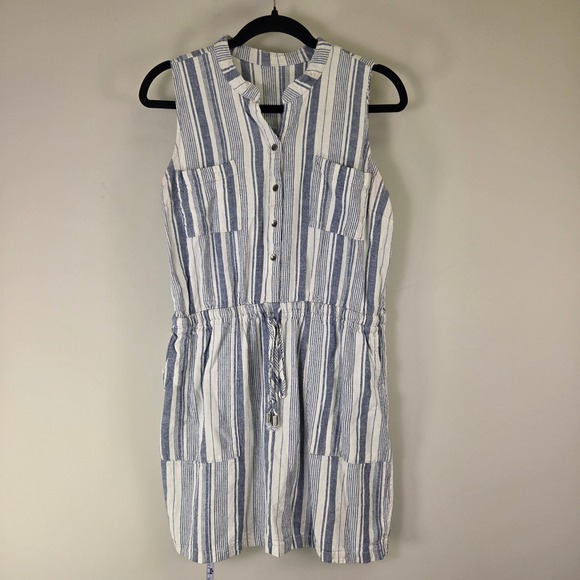 Dresses & Skirts - Blue White Striped Sleeveless Shirt Dress Drawstring Waist Pockets 4946